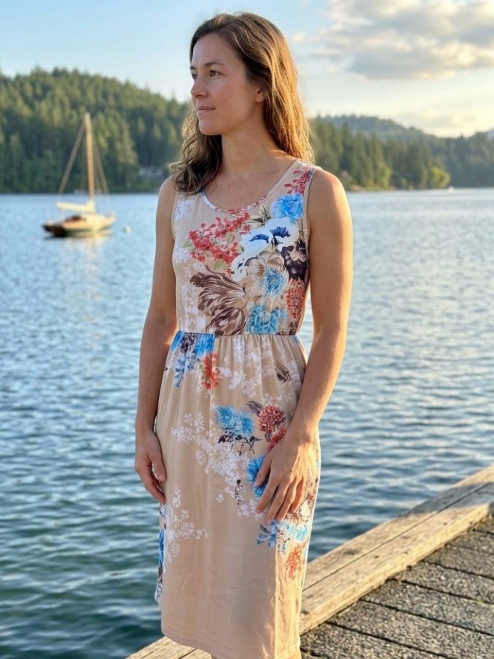 👗NWT Ours Floral Tank Midi Dress in Beige with Blue & Coral Accents Size XL